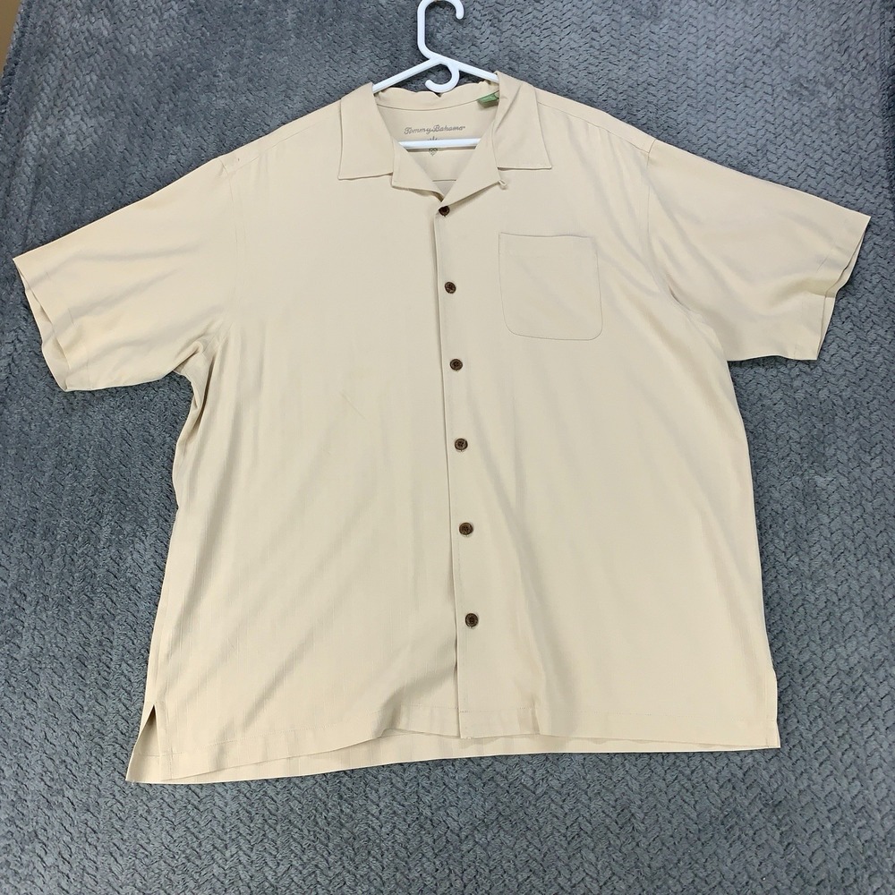 Tommy Bahama Camp Loop Collar Shirt Men XL Beige 100%‎ Silk Check Hawaiian Beach